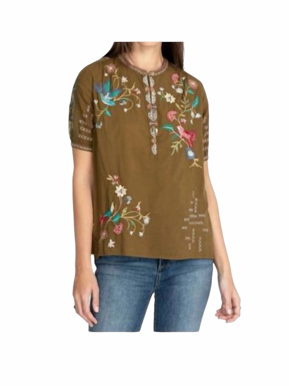 Johnny Was Embroidered Top Brown w/ Floral Detail Sz S